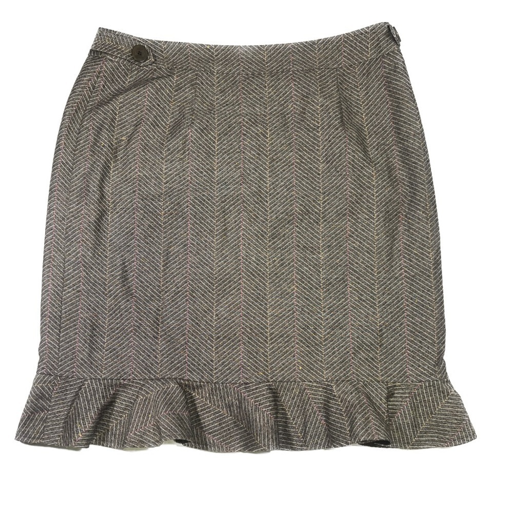 Etcetera brown wool blend herringbone tweed skirt with ruffle edge size 12